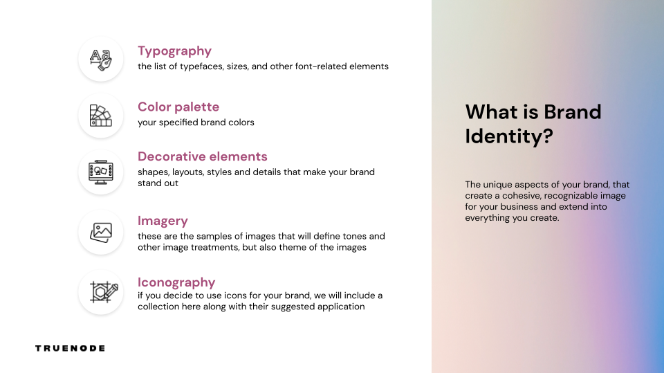Elements of the brand identity: Typography, Color palette, Decorative elements, Imagery, Iconography,